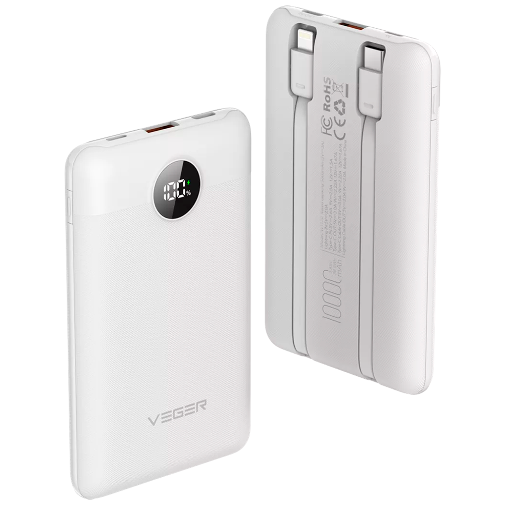 (VG-W1170-W) Batterie externe VEGER avec écran LCD - Capacité 10000mAh - Entrées Lightning, USB-C, câble USB-C - Sorties USB-A, USB-C et câbles intégrés - Câbles intégrés: USB-C et Lightning - Chargement rapide de 3 dispositifs en même temps