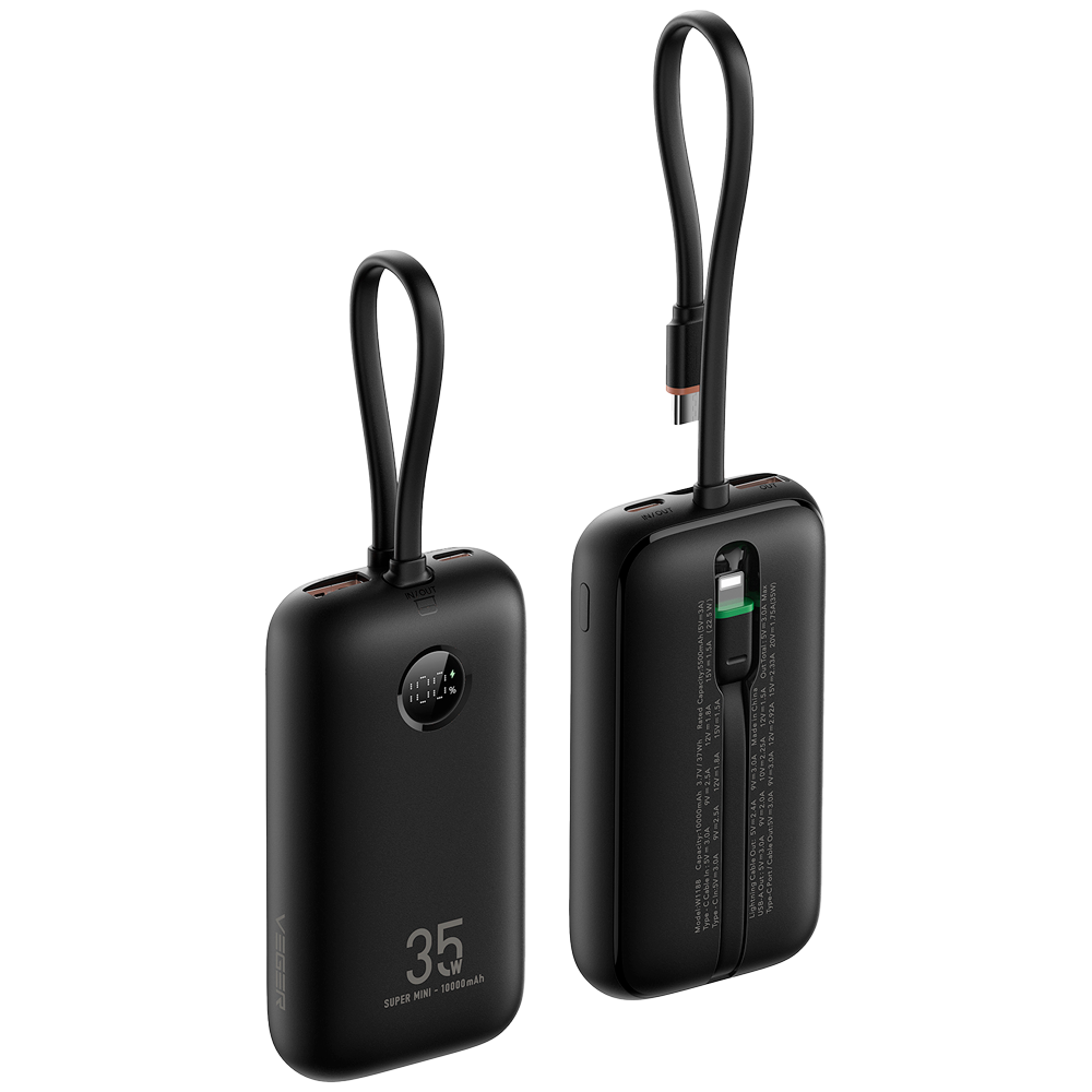 (VG-W1188) VEGER Power bank con pantalla LCD - Capacidad 10000mAh - Entradas USB-C, Cable USB-C - Salidas USB-C, USB-A y cables integrados - Cables integrados: USB-C y Lightning - Carga ultrarrápida | 4 dispositivos a la vez