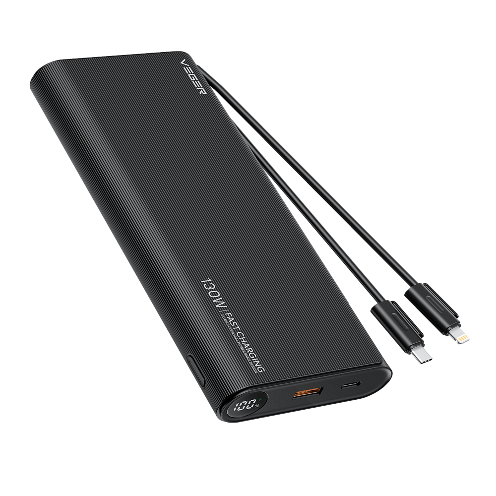 (VG-W2503-T130) Batterie externe VEGER avec écran LCD - Capacité 25000mAh - Entrées USB-C et câbles intégrés - Sorties USB-C, USB-A et câble intégré - Câbles intégrés: USB-C et Lightning - Chargement rapide 130W | Chargement des dispositifs 4