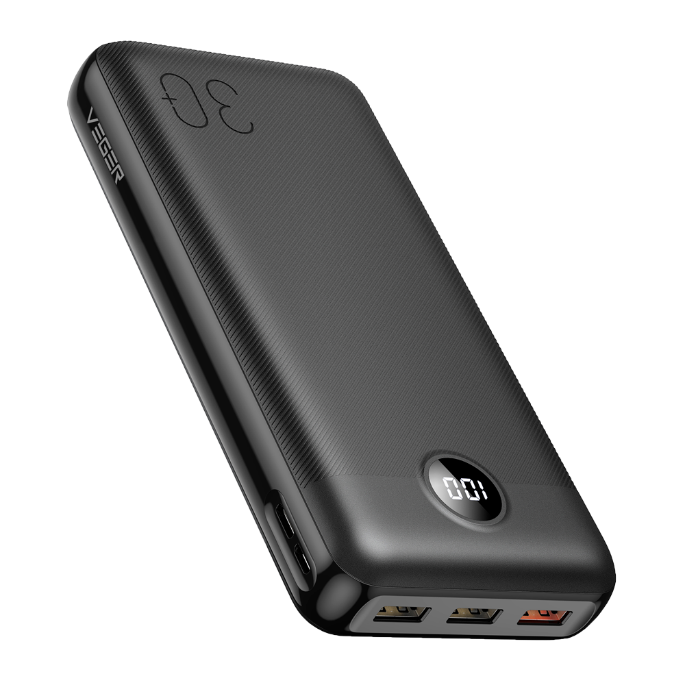 (VG-W3008PD-L30) Batterie externe VEGER avec écran LCD - Capacité 30000mAh - Entrées USB-C, Micro USB - Sorties USB-C, 3x USB-A - Charge 3 dispositifs à la fois - Charge rapide PD20W