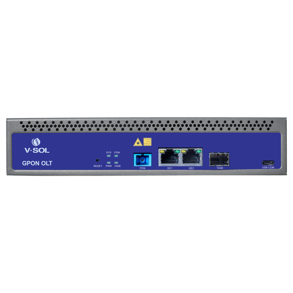 (VSOL-V1600GS-F) V-SOL Single Pon Gpon OLT  - 2 Puertos RJ45 10/100/1000 Mbps + 1 Puerto SFP+ 1/10Gigabit - Hasta 128 ONT por equipo - Distancia de transmisión hasta 20 km - Enrutamiento Capa 3 ( NAT,DMZ,ACL,PPPOE,DHCP )  - Switching Capa 2 ( VLANs, MULTICAST, STP )