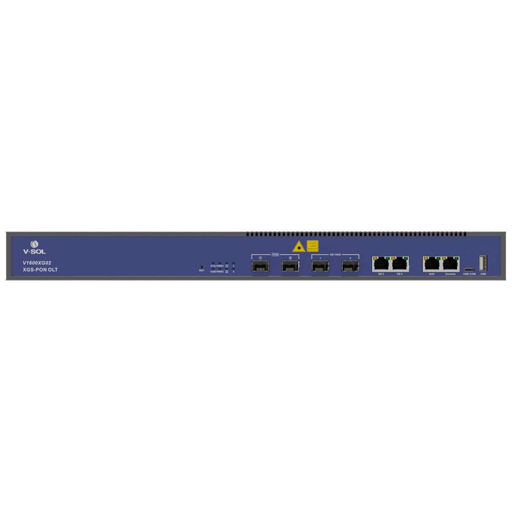 (VSOL-V1600XG02) V-SOL  2 GPON XG-PON/XGS-PON OLT -  Puertos RJ45 10/100/1000 Mbps +  Puerto SFP+ 1/10Gigabit - Hasta 256 ONT por equipo - Distancia de transmisión hasta 20 km - Enrutamiento Capa 3 ( NAT,DMZ,ACL,PPPOE,DHCP )  - Switching Capa 2 ( VLANs, MULTICAST, STP )