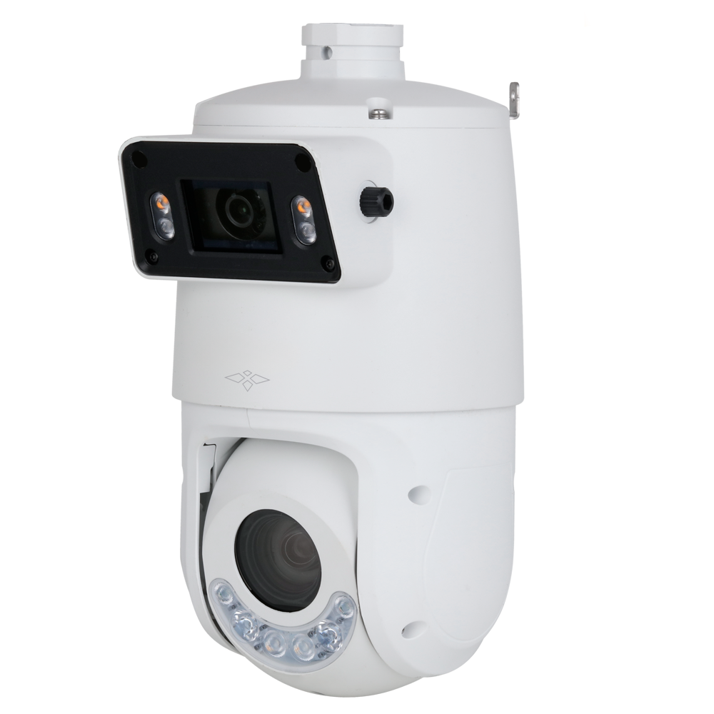 (XS-IPSD6025TIOC-4U-TANDEM) Gamme X-Security PTZ IP ULTRA - Double objectif (Panoramique 4Mpx + PTZ 4Mpx)) - Objectif PTZ 5~125 mm | 25X | PoE+ - Objectif panoramique 2.8 mm | Double éclairage 100 m - AutoTracking | Alarmes | Audio | MicroSD | IP66 - IVS | SMD 4.0 | Dissuasion active | Smartlight