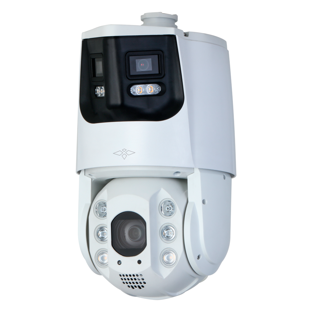 (XS-IPSD7925TIOC-4U-TANDEM) Gamme X-Security PTZ IP ULTRA - Double objectif (Panoramique 4Mpx + PTZ 4Mpx)) - Objectif PTZ 5~125 mm | 25X | Détection des visages - Objectif panoramique 2.8 mm | Double éclairage 200 m - AutoTracking | Alarmes | Audio | MicroSD | IP66 - IVS | Dissuasion active | Smartlight
