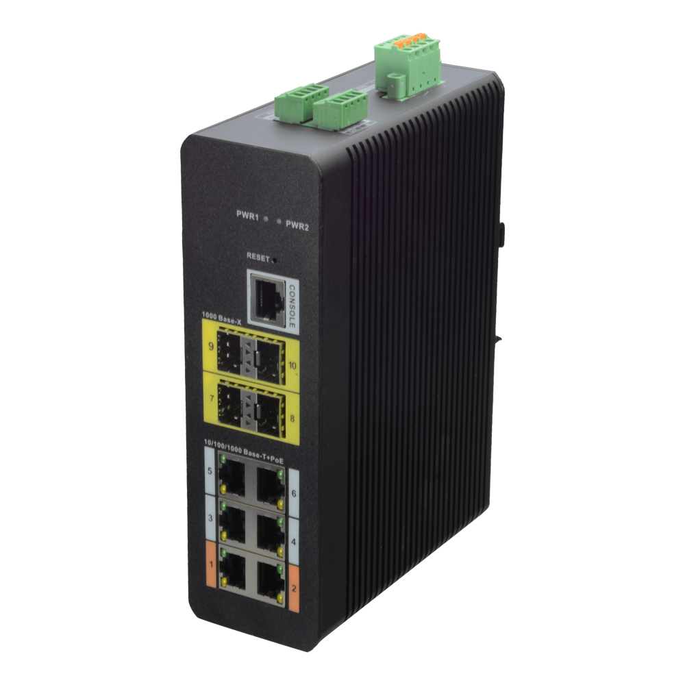(XS-SW1006HIPOE-MFG-120-DIN) Switch HiPoE X-Security - 6 ports PoE (RJ45) + 4 port Uplink (SFP) - Vitesse 10/100/1000 Mbps - 2 Ports Hi-PoE / Consommation maximale 120W - VLAN/STP/RSTP/MSTP/ACL/QoS/802.1X - LACP/Static LAG/DHCP Snoop/DHCP Server