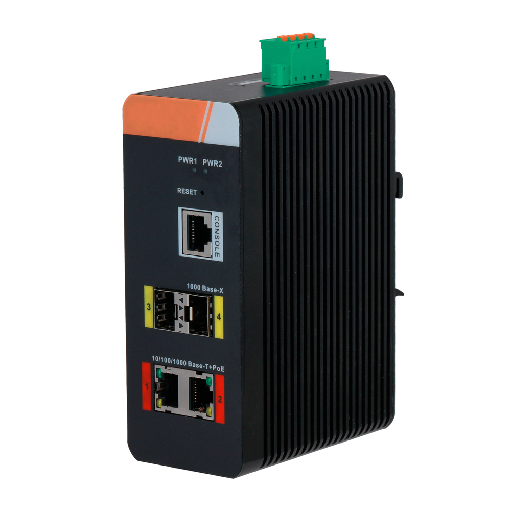 (XS-SWI0402HIPOE-MGF-120-DIN) Switch PoE X-Security Carril DIN - 2 ports PoE RJ45 + 2 SFP - Vitesse 10/100/1000 Mbps - 90W ports 1-2 / Puissance totale maximale 120W - PoE / PoE+ / Hi-PoE / Jusqu'à 250m / PoE Watchdog - VLAN/STP/RSTP/ERPS/LACP/StaticLAG/IGMP Snooping
