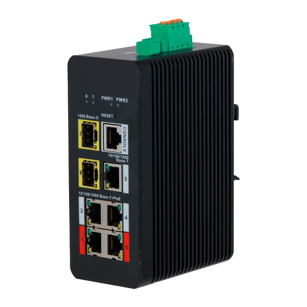 (XS-SWI0704HIPOE-MGF-120-DIN) Switch PoE X-Security Carril DIN - 4 ports PoE RJ45 + 1 port RJ45 + 2 SFP - Vitesse 10/100/1000 Mbps - 90W ports 1-2 / 30W ports 3-4 / Maximum 120W - PoE/PoE+/Hi-PoE / Jusqu'à 250m / PoE Watchdog - VLAN/STP/RSTP/ERPS/LACP/StaticLAG/IGMP Snooping