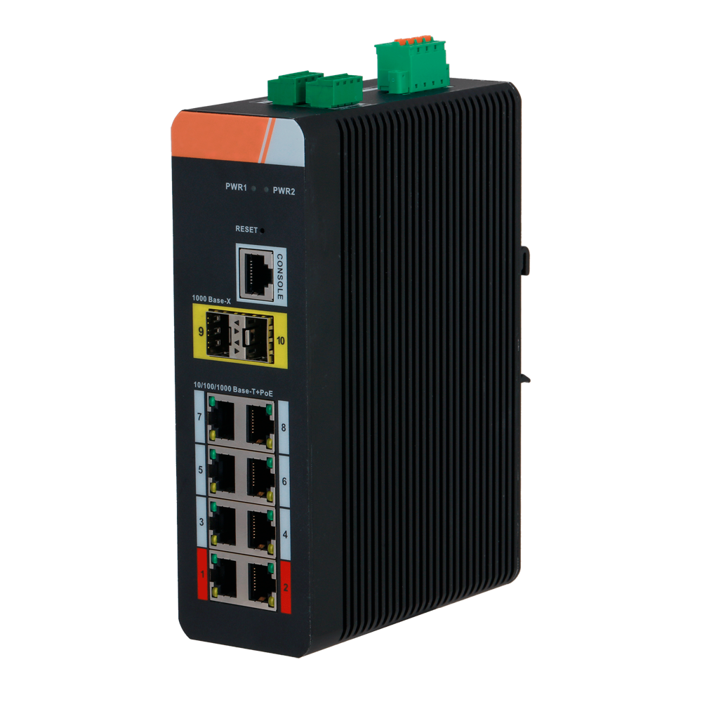 (XS-SWI1008HIPOE-MGF-120-DIN) Switch PoE X-Security Carril DIN - 8 ports PoE RJ45 + 2 ports SFP - Vitesse 10/100/1000 Mbps - 90W ports 1-2 / 30W ports 3-8 / Maximum 120W - PoE/PoE+/Hi-PoE / Jusqu'à 250m / PoE Watchdog - VLAN/STP/RSTP/ERPS/LACP/StaticLAG/IGMP Snooping