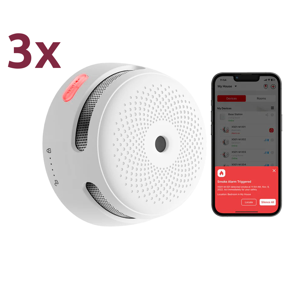 [XS01-M-3PACK] (XS01-M-3PACK) Pack de 3 mini-détecteurs de fumée autonomes X-Sense - Connexion au HUB SBS50 pour la communication via APP - Permet de connecter 50 détecteurs sur le même réseau - Durée de vie de la batterie 5 ans (remplaçable) - Alarme sonore 85 dB à 3m - Certifié EN 14604