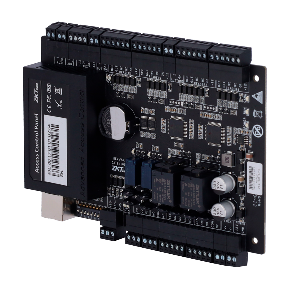 (ZK-C3-200PRO) Contrôleur d'accès - Carte, QR ou PIN - Communication TCP/IP - 4 lecteurs par Wiegand - Sortie relais pour 2 portes - Logiciel ZKBioCV 5 portes