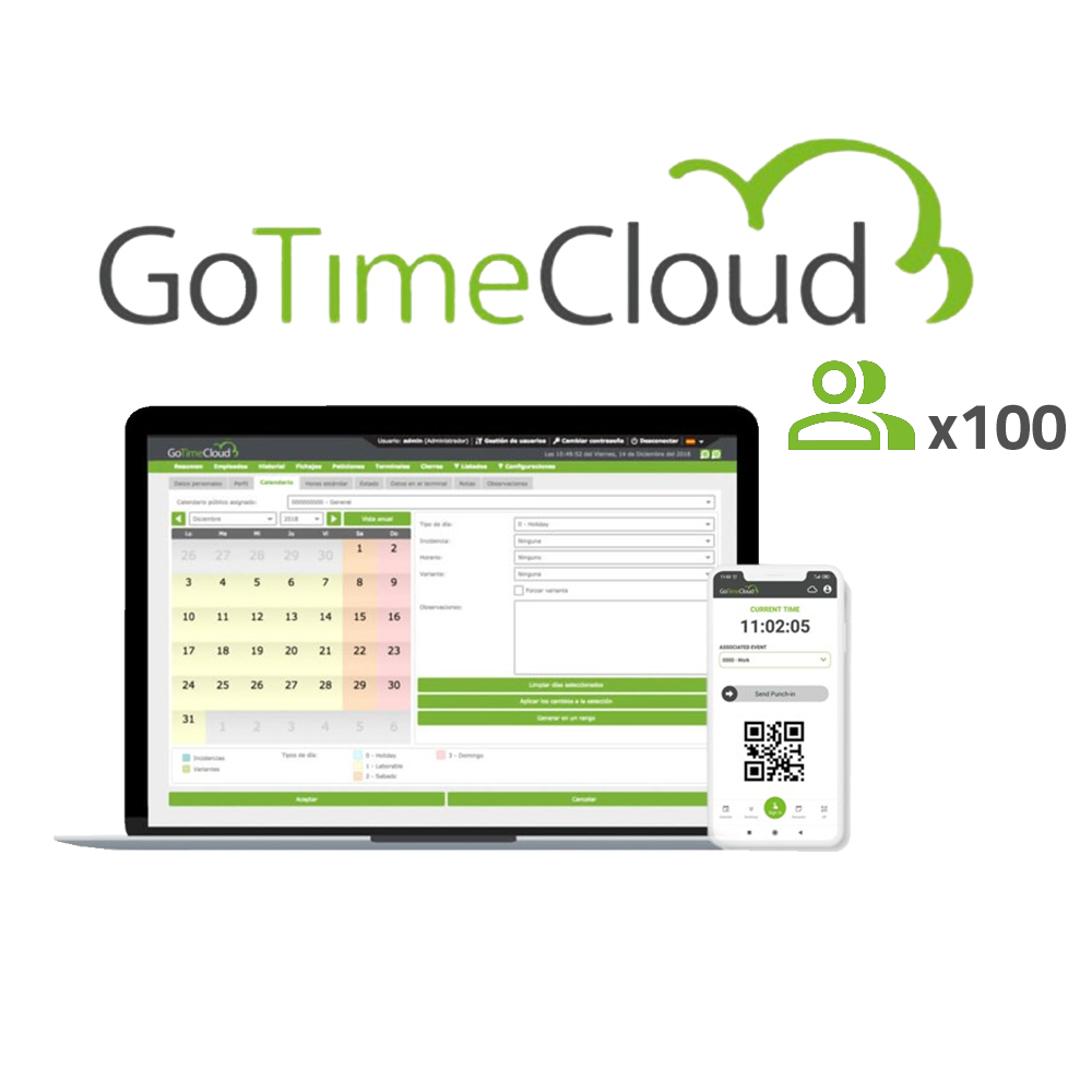(ZK-GOTIMECLOUD-100) Licence Cloud Time &amp; Attendance - 100 utilisateurs / 100 Apps incluses - Suivi GPS à distance - Rapports avec incidents, banques du temps et formules - Paiement annuel : Prix par utilisateur/an - 10% de promotion en bon Visiotech