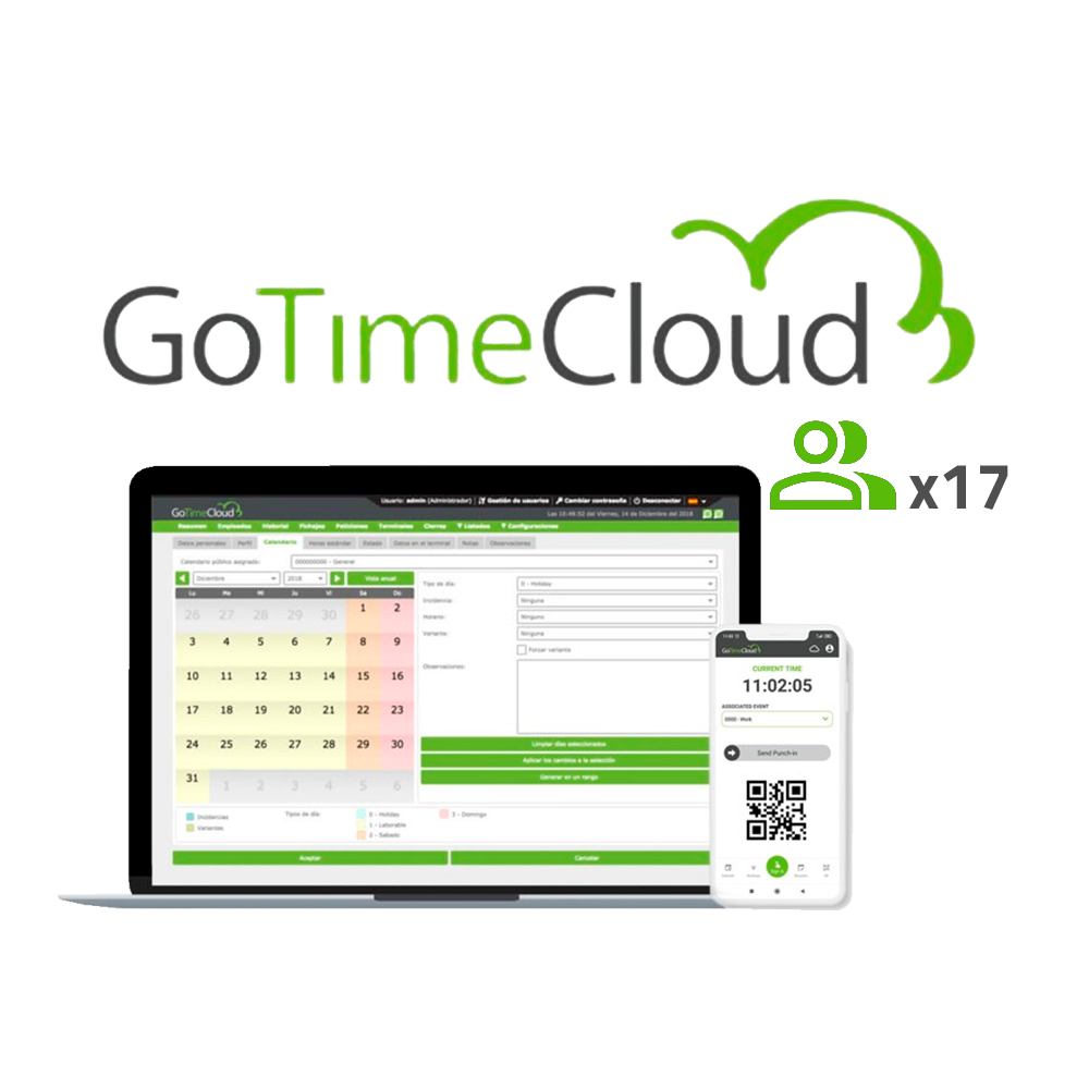 (ZK-GOTIMECLOUD-17) Licence Cloud Time &amp; Attendance - 17 utilisateurs / 17 Apps incluses - Suivi GPS à distance - Rapports avec incidents, banques du temps et formules - Paiement annuel : Prix par utilisateur/an - 10% de promotion en bon Visiotech