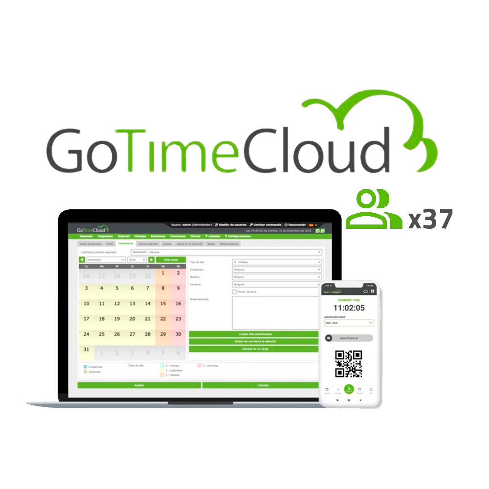 (ZK-GOTIMECLOUD-37) Licence Cloud Time &amp; Attendance - 37 utilisateurs / 37 Apps incluses - Suivi GPS à distance - Rapports avec incidents, banques du temps et formules - Paiement annuel : Prix par utilisateur/an - 10% de promotion en bon Visiotech