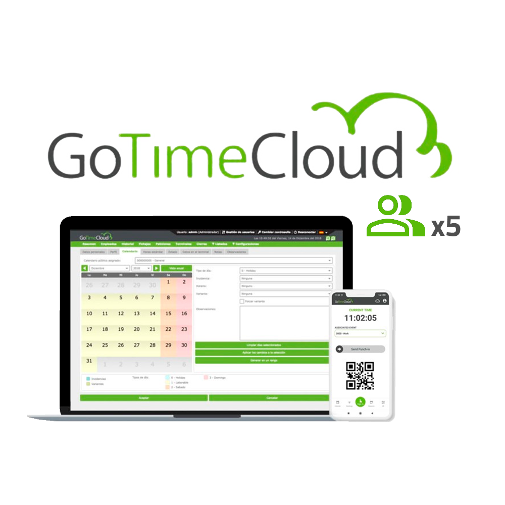 (ZK-GOTIMECLOUD-5) Licence Cloud Time &amp; Attendance - 5 utilisateurs / 5 Apps incluses - Suivi GPS à distance - Rapports avec incidents, banques du temps et formules - Paiement annuel : Prix par utilisateur/an - 10% de promotion en bon Visiotech