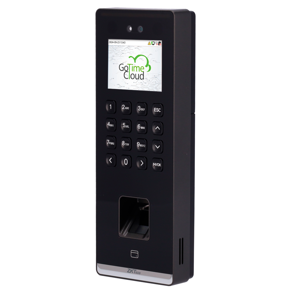 (ZK-TA-GTC2F-V-1-W) Control de presencia y acceso simple - Facial, huella, tarjeta EM y PIN - 1.000 huellas | 150.000 registros - 2.4" TFT | TCP/IP, WiFi, USB y relé - Soft. Presencia: GoTime Cloud