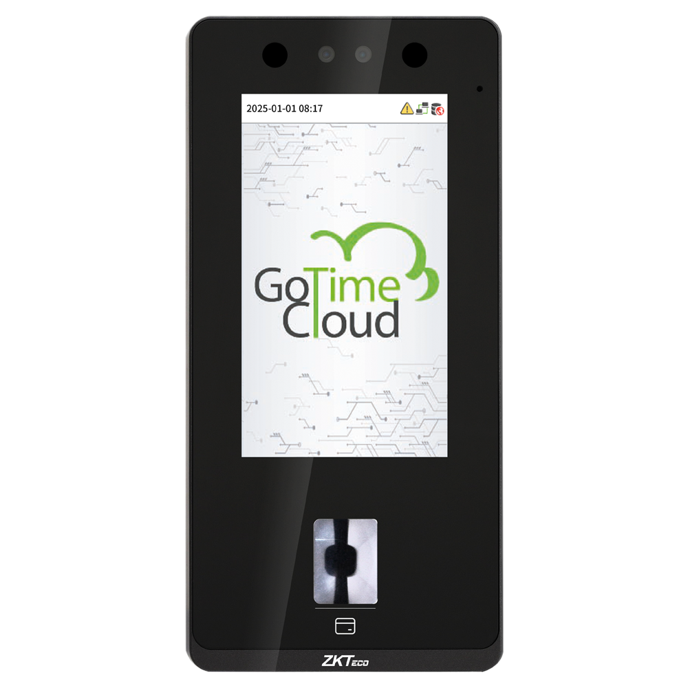 (ZK-TA-GTC6F-1) Control de presencia y acceso simple IP65 - Facial, huella, tarjeta MF y PIN - 8.000 huellas | 300.000 registros - 4.3" TFT táctil | TCP/IP, WiFi, USB y relé - Soft. Presencia: GoTime Cloud