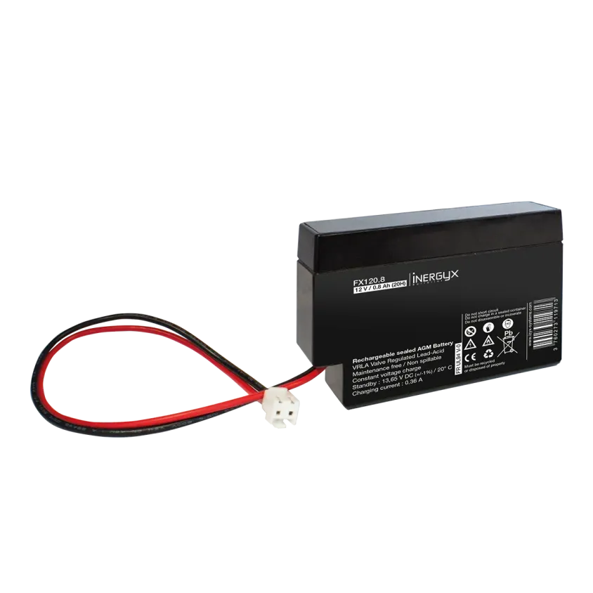 (FX120.8) Batterie recharg. VRLA 12V / 0.8 Ah - FR UL94 V-0 - 96 x 62 x 25 mm / JST VHR-2