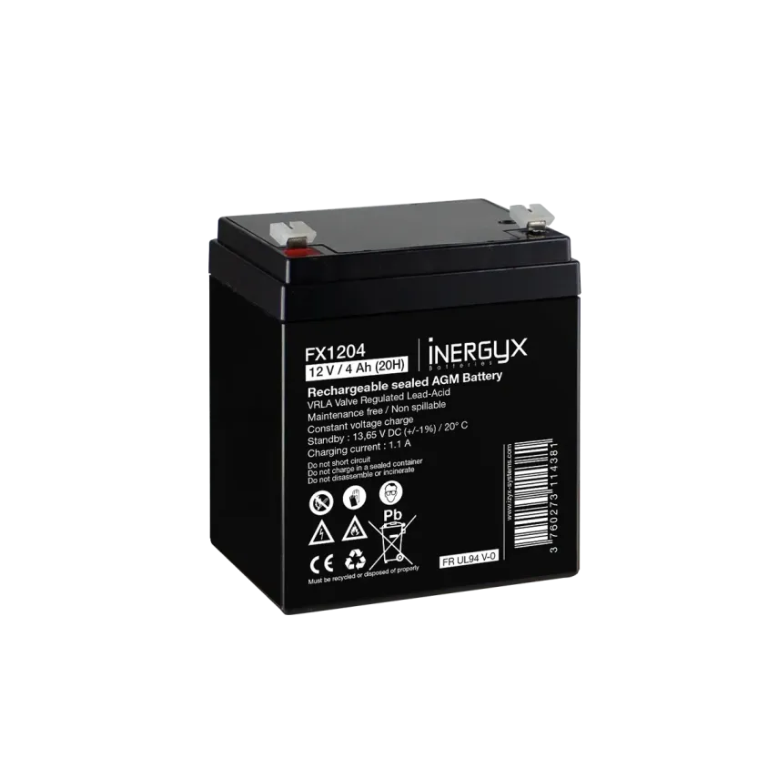 (FX1204) Batterie rechargeable VRLA 12V / 4 Ah - Bac FR UL94 V-0 - 90 x 70 x 101/107 mm