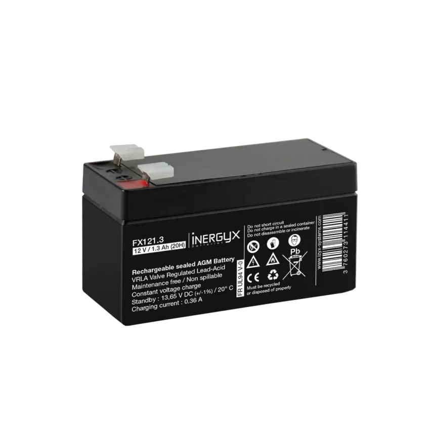 (FX121.3) Batterie rechargeable VRLA 12V / 1,3 Ah - Bac FR UL94 V-0 - 97 x 43 x 51/57 mm