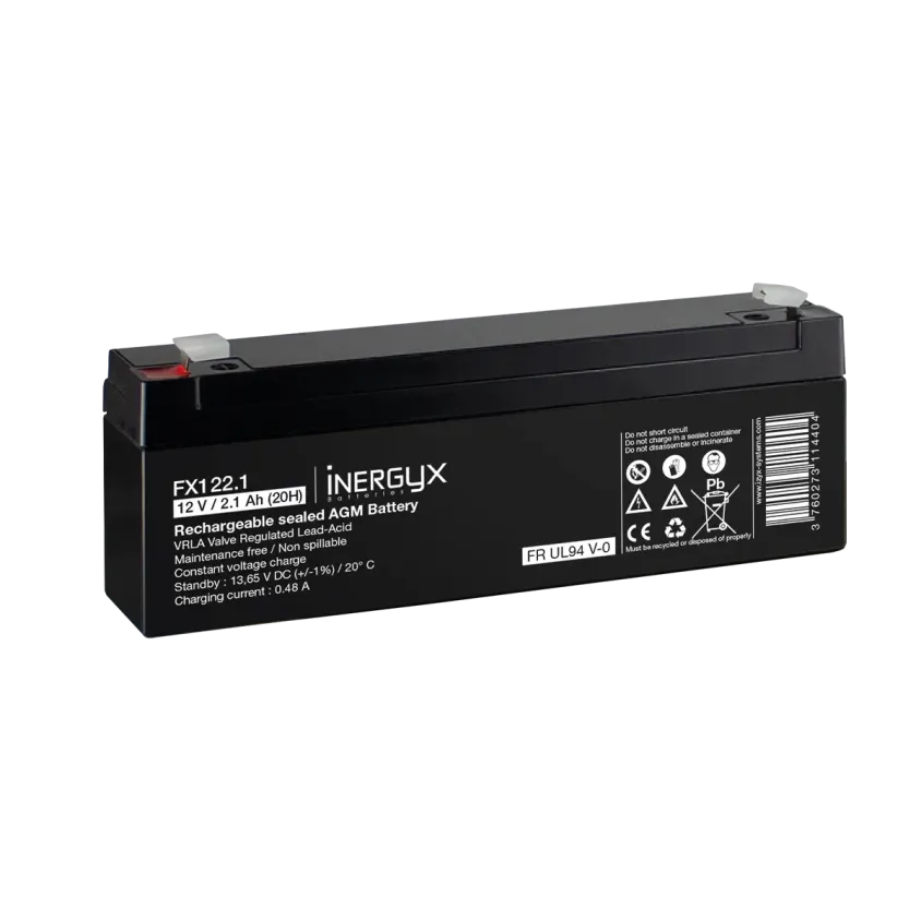 (FX122.1) Batterie rechargeable VRLA 12V / 2,1 Ah - Bac FR UL94 V-0 - 178 x 35 x 61/67 mm