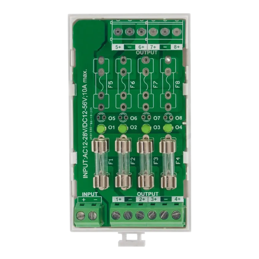 (PDB401) Carte multivoies rail DIN 3M 12-24V AC / 12-48V DC - 4 fusibles / 4 LEDs vertes
