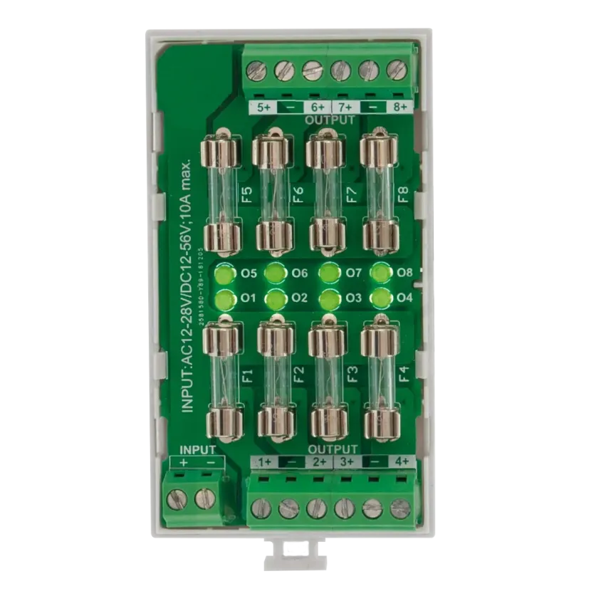 (PDB801) Carte multivoies rail DIN 3M 12-24V AC / 12-48V DC - 8 fusibles / 8 LEDs vertes