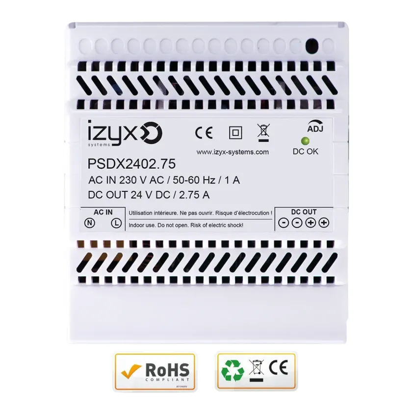 (PSDX2402.75) Alimentation rail DIN 5M 230V AC / 27,6V DC (24-28V) / 2,75A