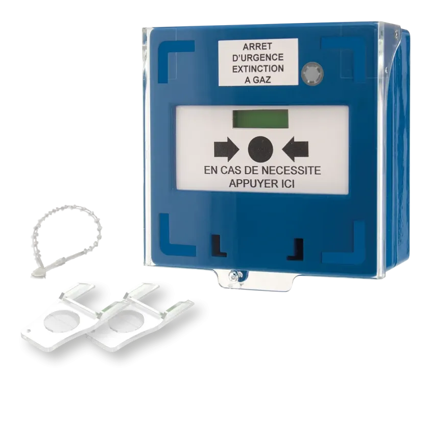 (RCP100BU) Déclencheur manuel bleu 1 contact Reset façade + capot, 2 clés, scellé