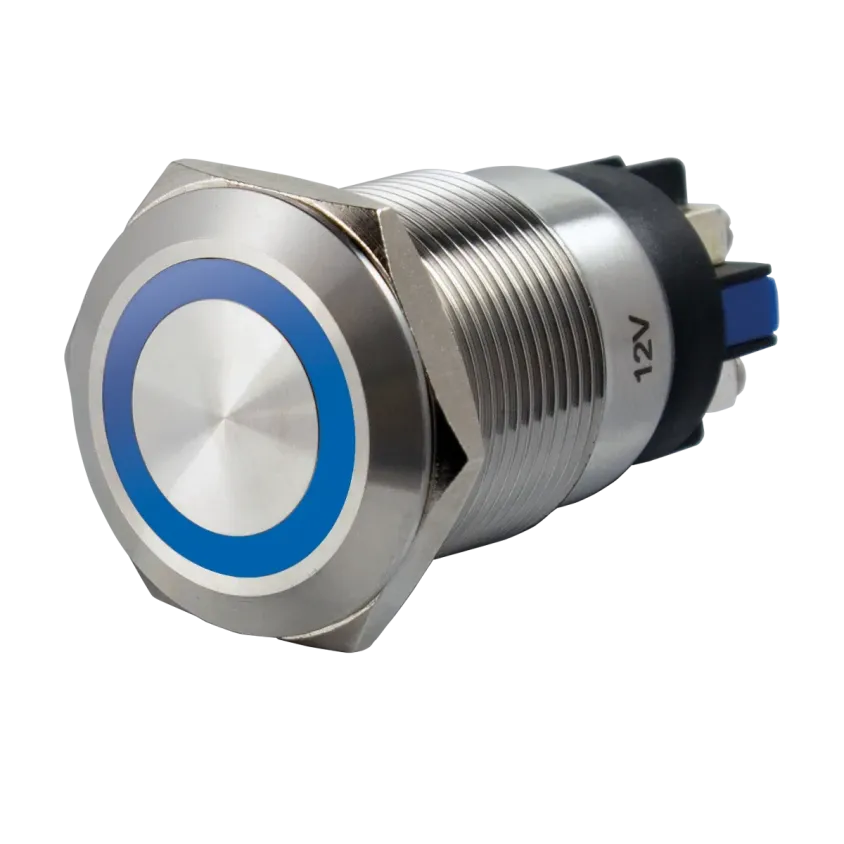 (SS19B12) Bouton poussoir acier inox d= 19 mm Halo bleu 12V AC/DC Contact NO+NC (V)