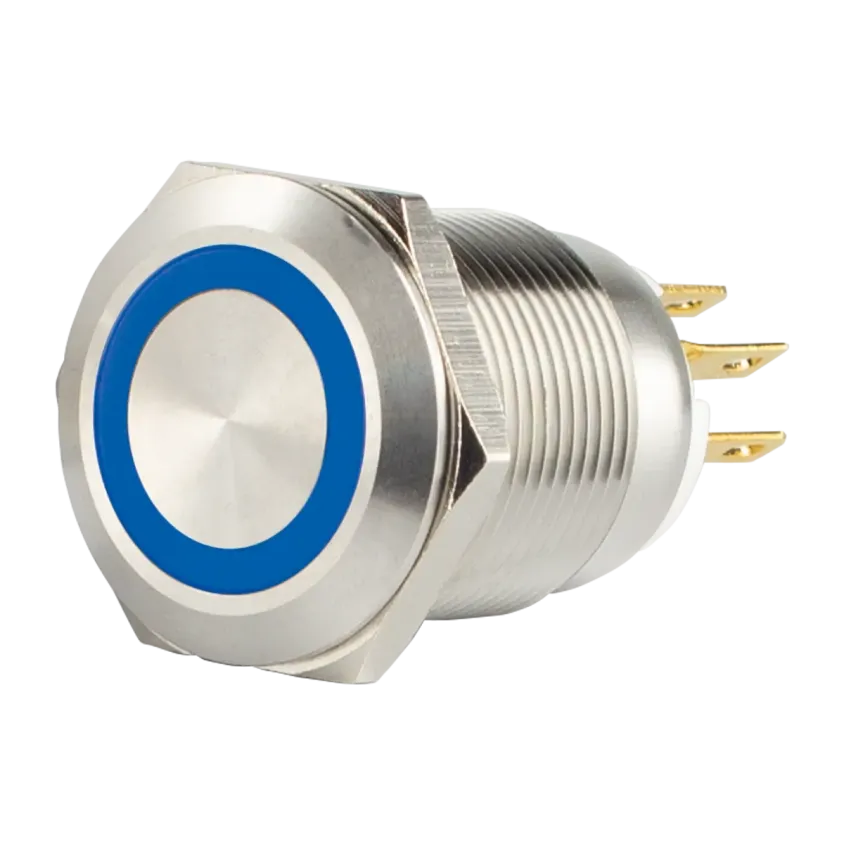 (SS19B12C) Bouton poussoir acier inox d= 19 mm Halo bleu 12V AC/DC Contact NO+NC (C)