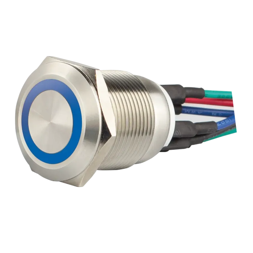 (SS19B12W) Bouton poussoir acier inox d= 19 mm Halo bleu 12V AC/DC Contact NO+NC (F)