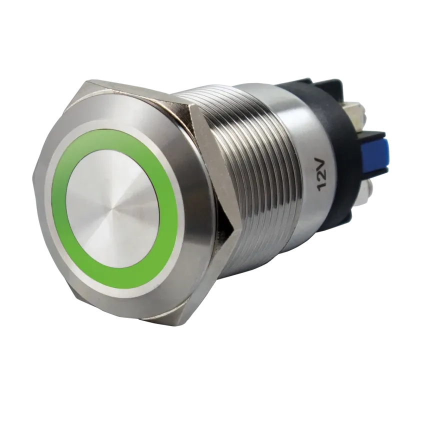 (SS19G12) Bouton poussoir acier inox d= 19 mm Halo vert 12V AC/DC Contact NO+NC (V)