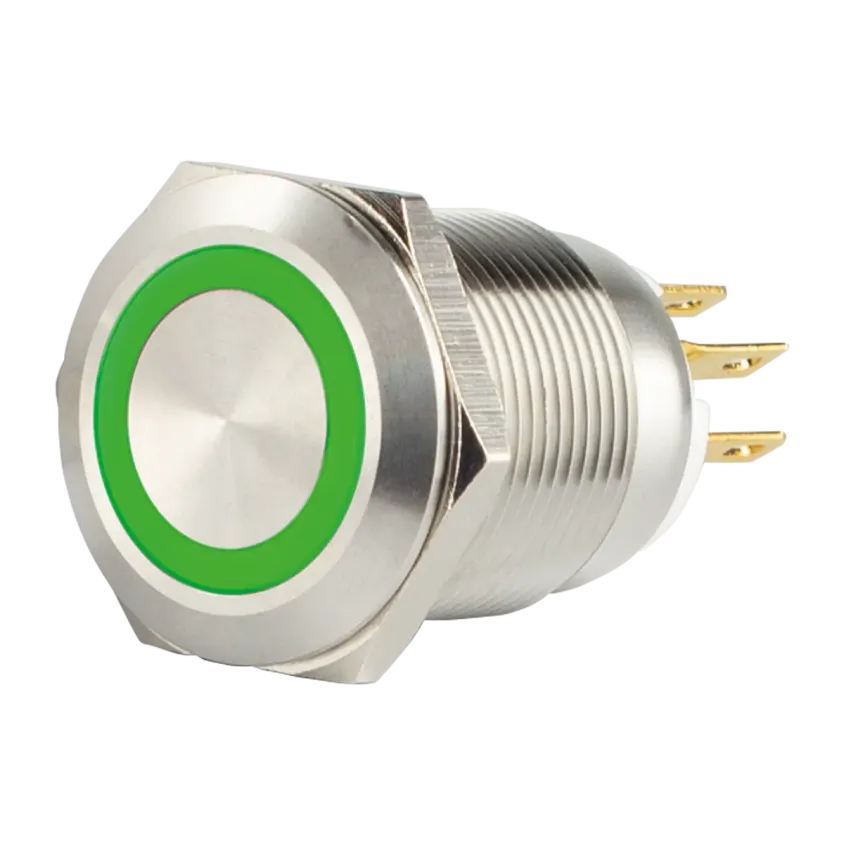 (SS19G12C) Bouton poussoir acier inox d=. 19 mm Halo vert 12V AC/DC Contact NO+NC (C)