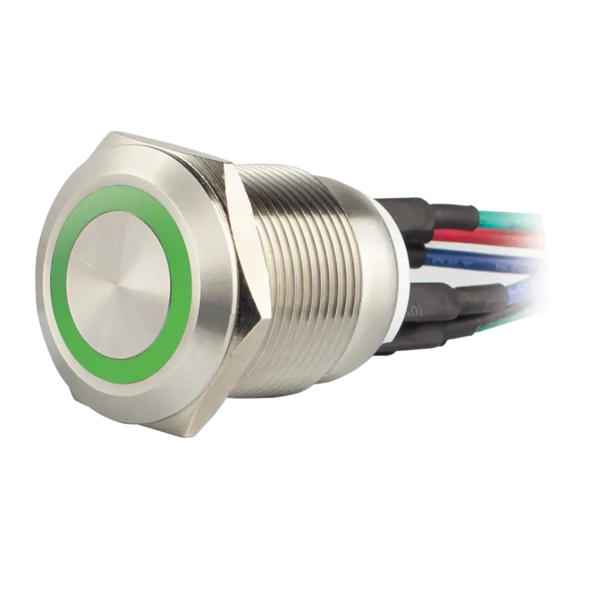 (SS19G12W) Bouton poussoir acier inox d= 19 mm Halo vert 12V AC/DC Contact NO+NC (F)
