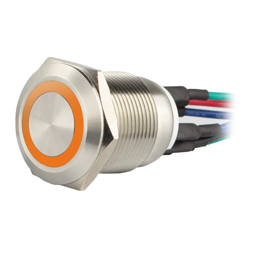 (SS19O12W) Bouton poussoir acier inox d= 19 mm Halo orange 12V AC/DC Contact NO+NC (F)