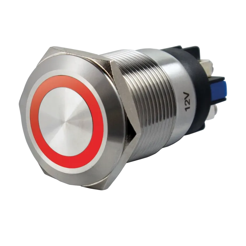 (SS19R12) Bouton poussoir acier inox d= 19 mm Halo rouge 12V AC/DC Contact NO+NC (V)