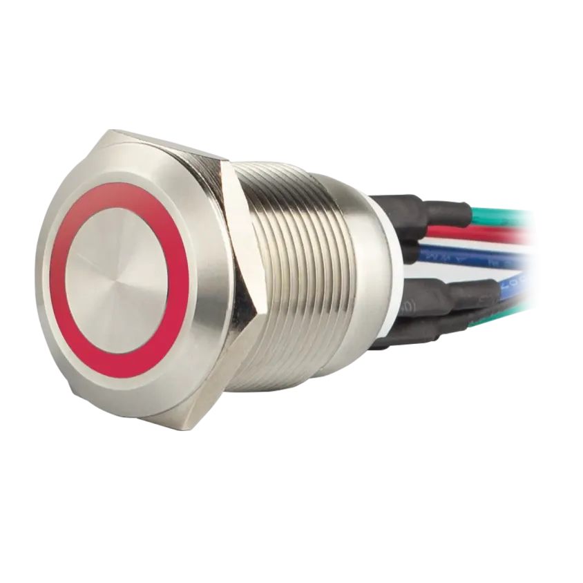 (SS19R12W) Bouton poussoir acier inox d= 19 mm Halo rouge 12V AC/DC Contact NO+NC (F)