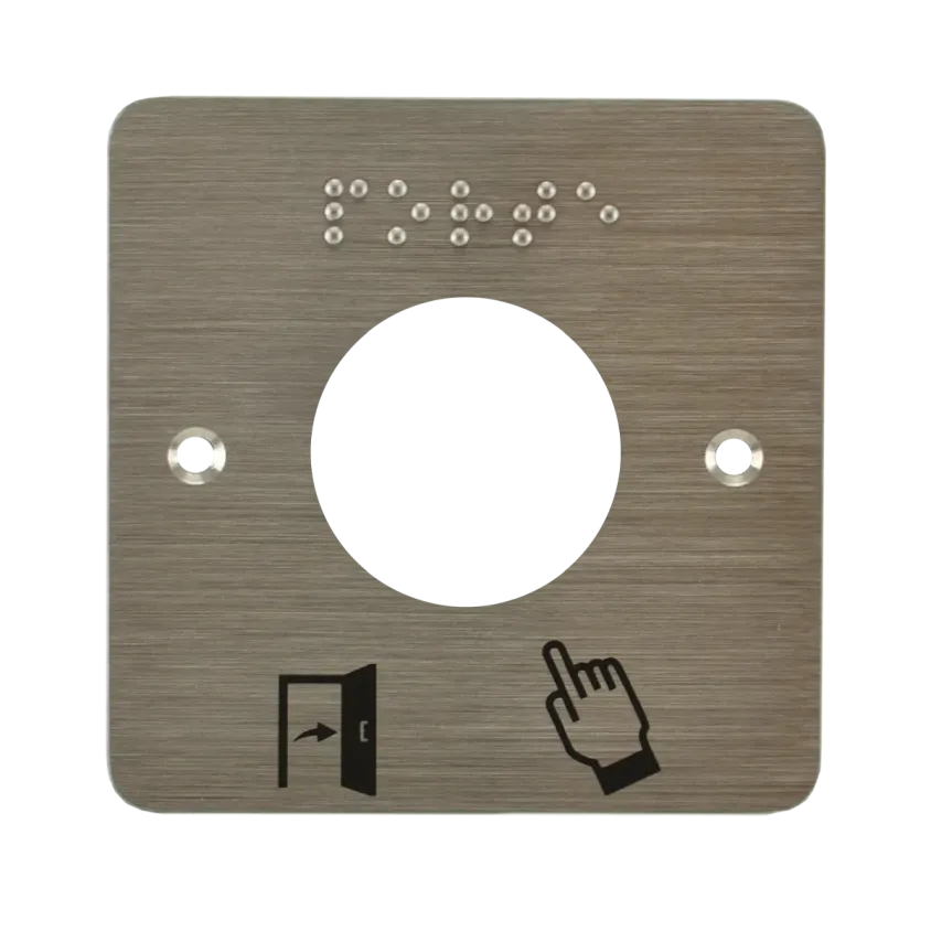 (SSP231) Plaque acier inoxydable 80 x 80 mm perçage diam. 38 mm braille PORTE + Picto