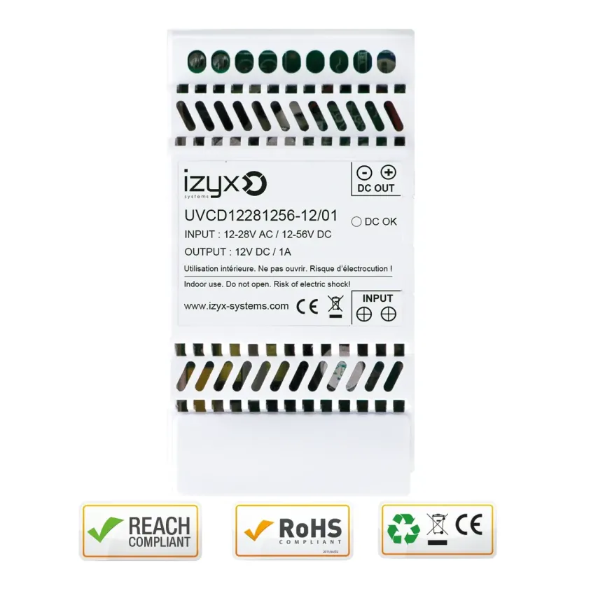 (UVCD12281256-12/01) Convertisseur de tension rail DIN In 12-28V AC ou 12-56V DC / Out 12V DC / 1A