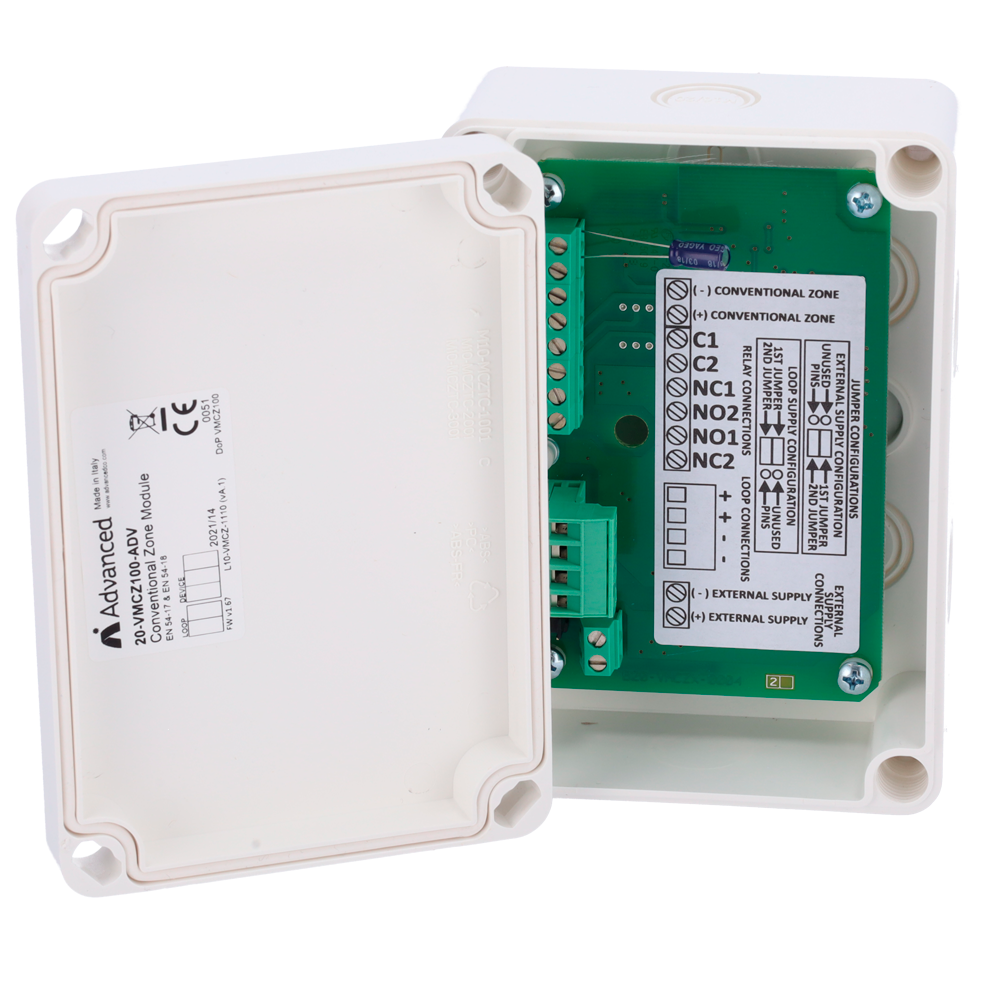(ADV-20-VMCZ100) Module analogique Advanced - 1 zone conventionnelle - Séparateur de court-circuit intégré - Compatible avec le protocole Argus Vega - Câble conducteur jusqu'à 2.5mm2 - Certifié EN54-17