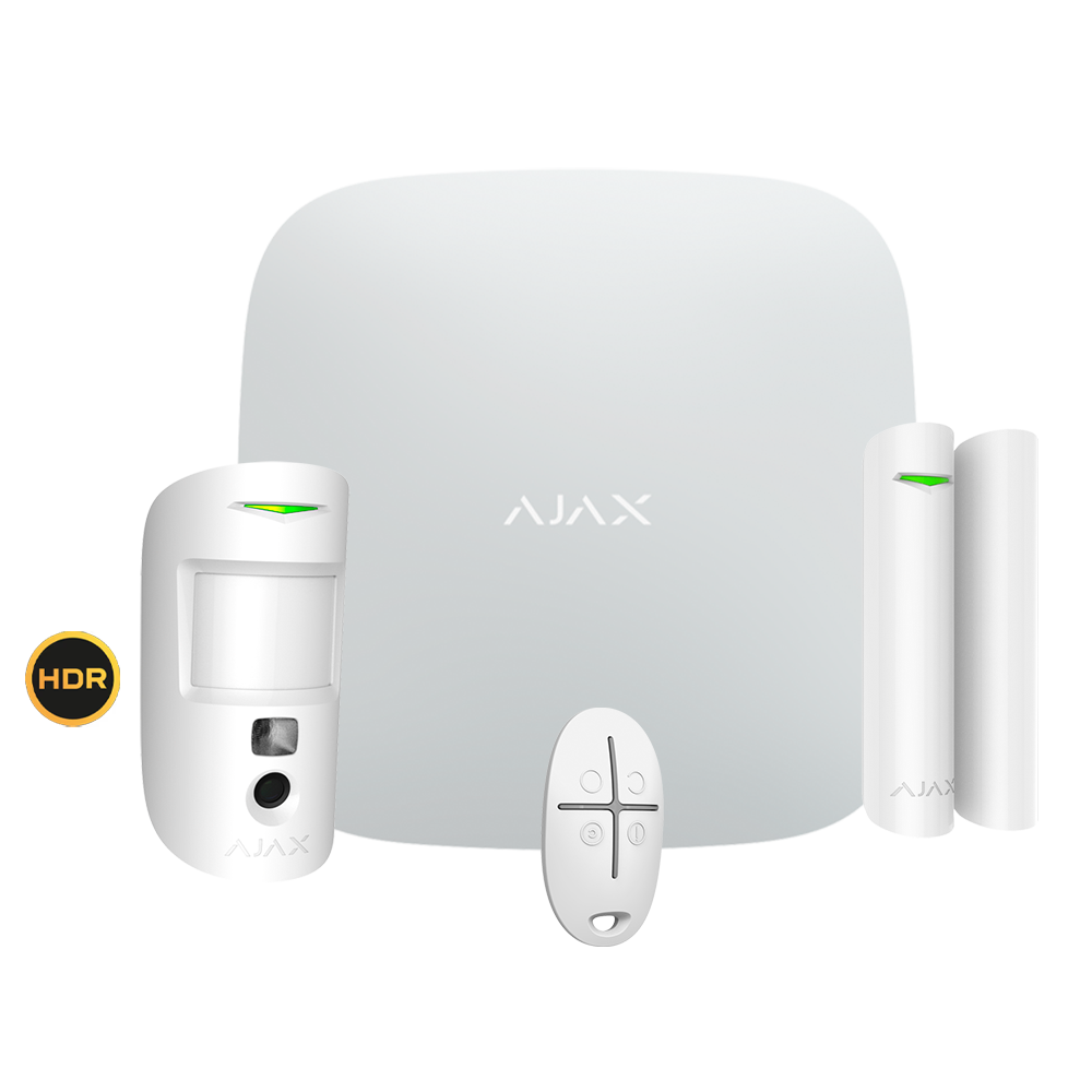(AJ-STARTERKIT-CAM-HDR-W) Kit de alarma profesional - Certificado Grado 2 - Comunicación Ethernet y dual SIM GPRS - Inalámbrico 868 MHz Jeweller y Wings - Ajax HUB 2, 1 PIRCAM HDR - 1 Contacto magnético y 1 mando