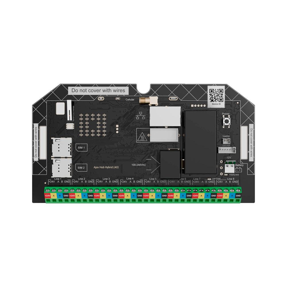 (FIBRA-HUBHYBRID-4G-NOCASE) Centrale d'alarme professionnelle Grade 3 - Communication Ethernet et double SIM 4G - Protocoles Jeweller, Wings et Fibra - Jusqu'à 100 dispositifs sans fil et filaires - 8 lignes de bus indépendantes - Application mobile et logiciel PC