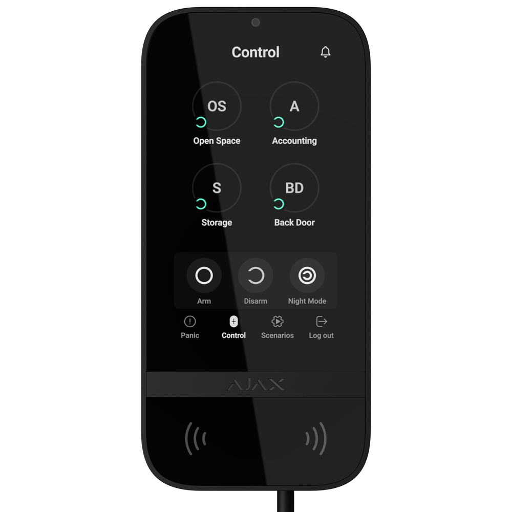 [FIBRA-KEYPADTOUCHSCREEN-B] (FIBRA-KEYPADTOUCHSCREEN-B) Clavier à écran tactile IPS avec lecteur RFID - Armement/désarmement complet ou groupé - Contrôle des scénarios d'automatisation - Authentification: codes, lecteur RFID ou Bluetooth - Connexion filaire et alimentation électrique externe à 12VDC - Certifié Grade 3