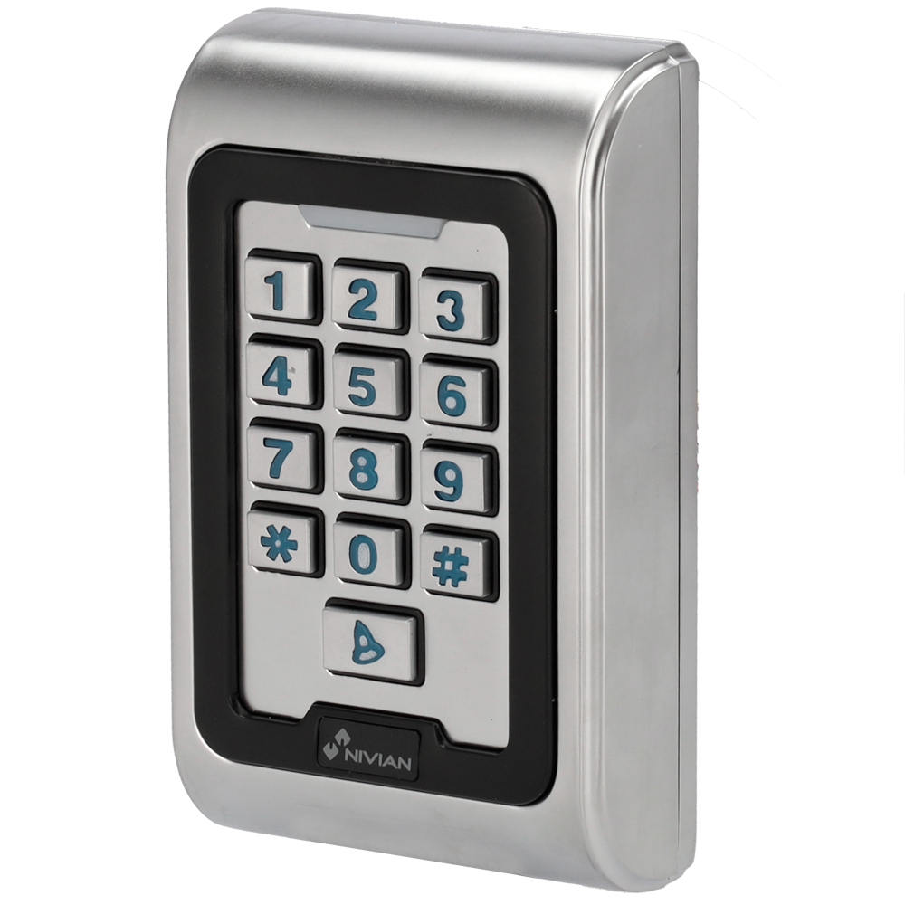 (NV-ACCESS-PIN-RFID-W) Contrôle d´accès autonome - Accès par carte EM, PIN et App - Sortie relais, bouton-poussoir et sonerie - Wiegand 26 et WiFi | Contôle de temps - App Tuya Smart pour la gestion et les ouvertures à distance - Apte pour extérieur IP68