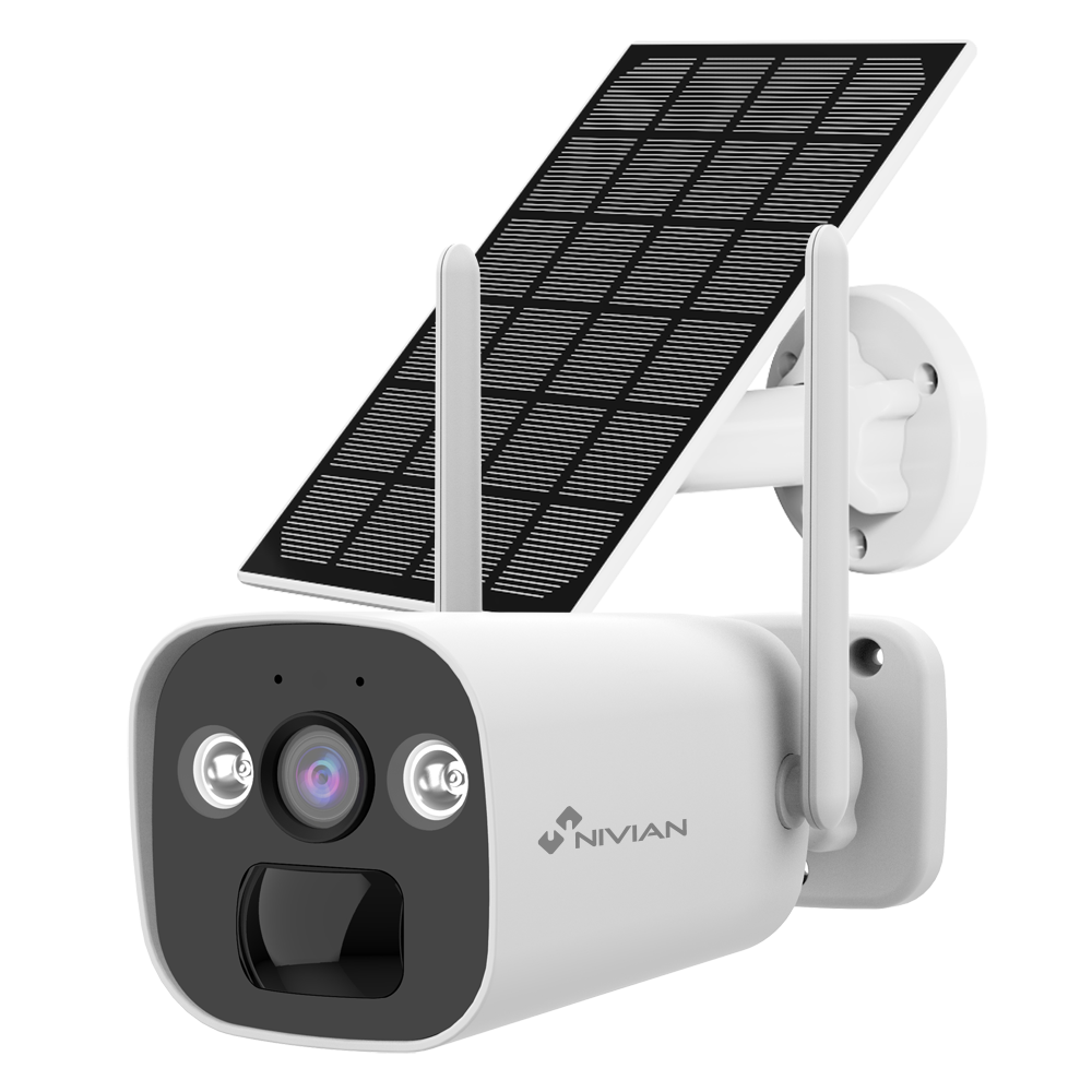 (NV-CAM01-SOLAR4G) Caméra Nivian 4G - Résolution 2K / Compression H.265 - IR 20 m / LED blanche et dissuasion audio - Batterie 10400mAh / Panneau solaire 5W / PIR - Adapté pour extérieur IP65 - Application et logiciel Eseecloud