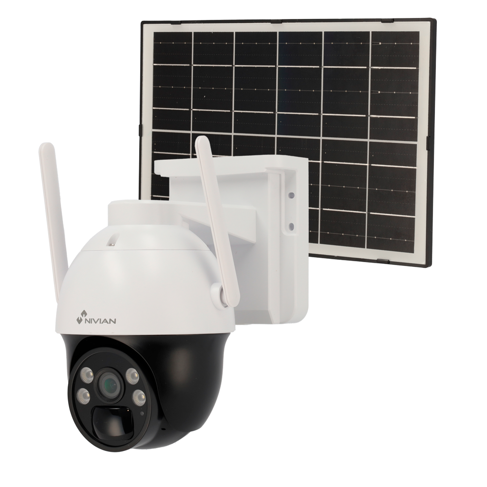 (NV-CAM02S-SOLAR4G) Caméra automatique Nivian PT 4G - Résolution 2K / Compression H.265 - IR 30 m / LED blanche et dissuasion audio - Batterie 18000mAh / Panneau solaire 7W / PIR - Adapté pour extérieur IP66 - Application et logiciel Eseecloud