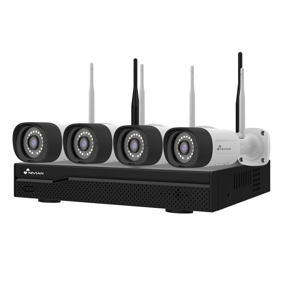 (NV-KIT1030W6-4CAM) Kit CCTV WiFi Nivian - NVR 10 canaux - 4 caméras 3 Mpx pré-enregistrées - Convient pour une utilisation en extérieur IP66 - Espace pour 1 Disque dur - Application et logiciel Eseecloud