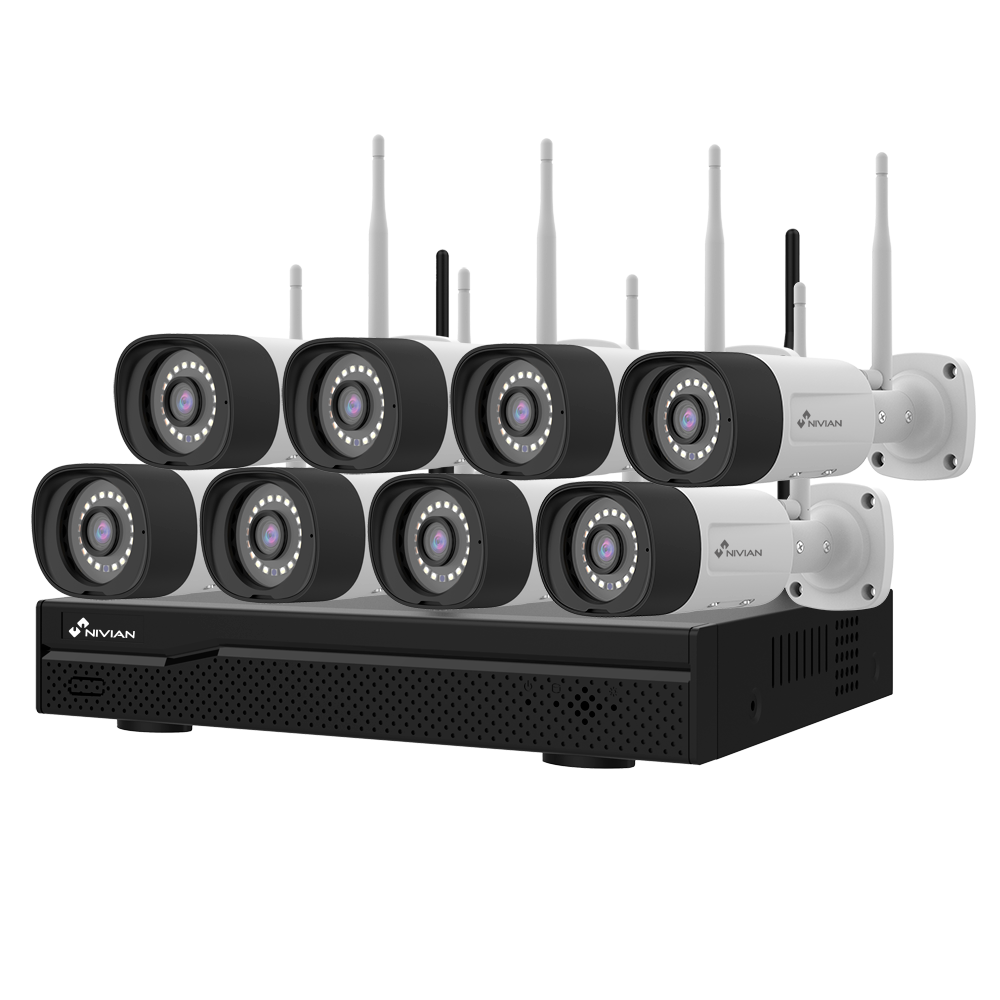 (NV-KIT1630W6-8CAM) Kit CCTV WiFi Nivian - NVR 16 canaux - 8 caméras 3 Mpx pré-enregistrées - Convient pour une utilisation en extérieur IP66 - Espace pour 1 Disque dur - Application et logiciel Eseecloud