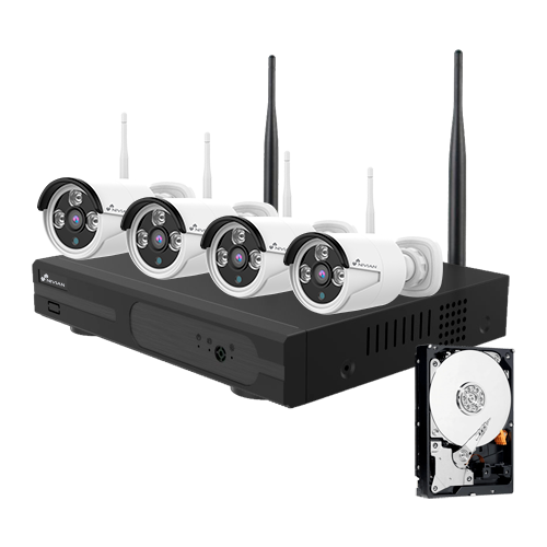 (NV-KIT830W-4CAM-1TB) Kit CCTV WiFi Nivian - NVR 10 canaux - 4 caméras 3 Mpx pré-enregistrées - Caméras supplémentaires NV-CAM30W - 1 HDD 1TB inclus - Application et logiciel Eseecloud