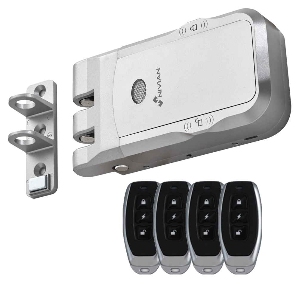 (NV-REMOTEBOLT) Boulon invisible - Ouverture par télécommande - Installation en surface sur n'importe quelle porte - Double moteur (secours en cas de panne) - Double batterie (comme remplacement de la batterie principale) - Fermeture automatique avec capteur de porte